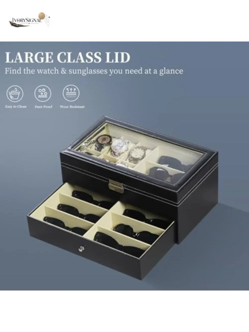 Lockable PU Leather Watch and Sunglasses Storage Case with Glass Top